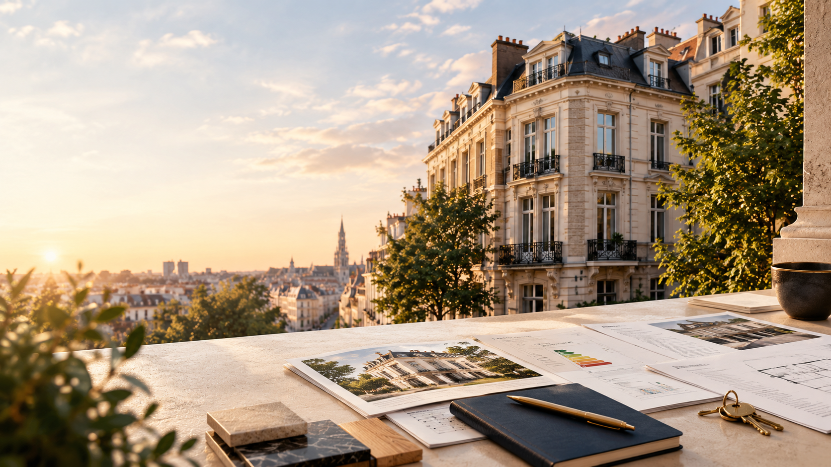 Maison bruxelloise et documents PEB sur un bureau
